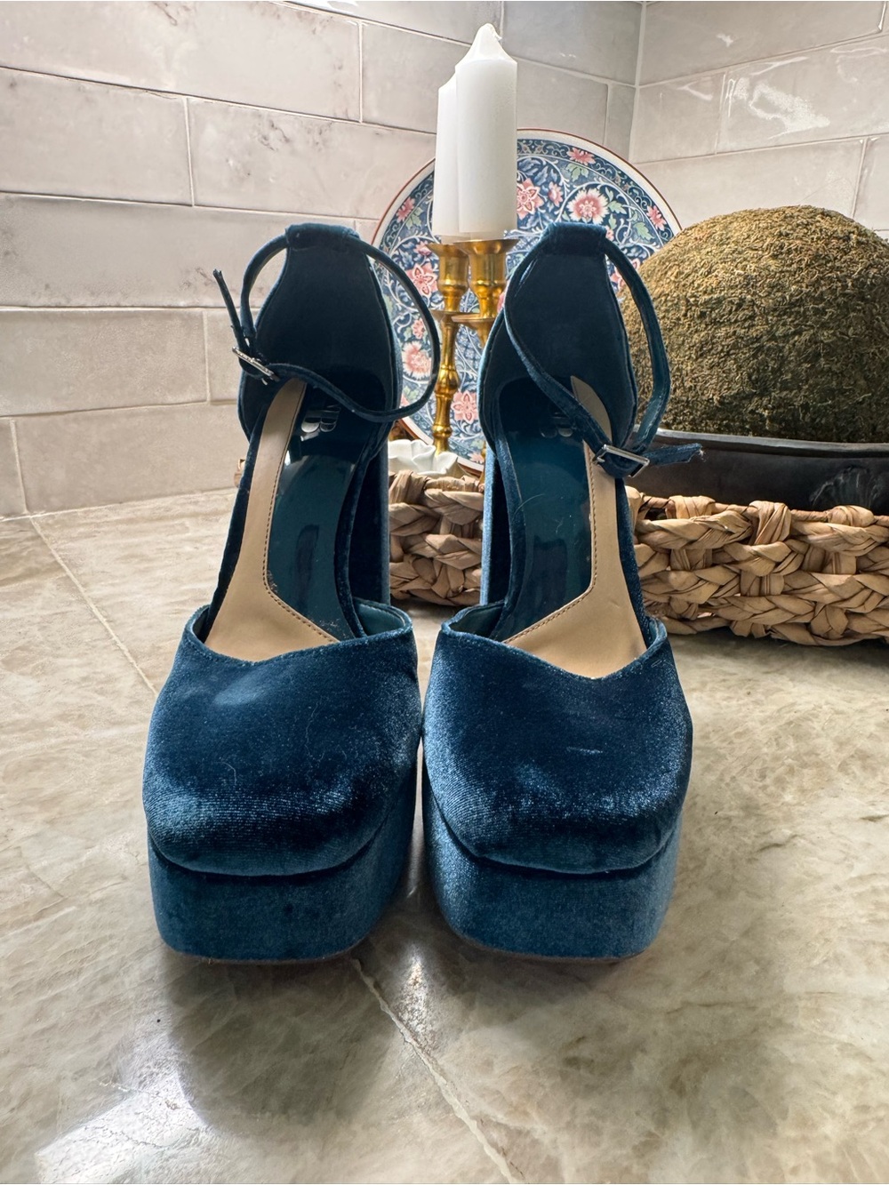 Gianni Bini Blue Velvet Platform Block Heels - Picture 2 of 7